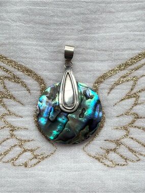 Round Abalone Shell Teardrop Sterling Silver Pendant - Iridescent Blue-Green